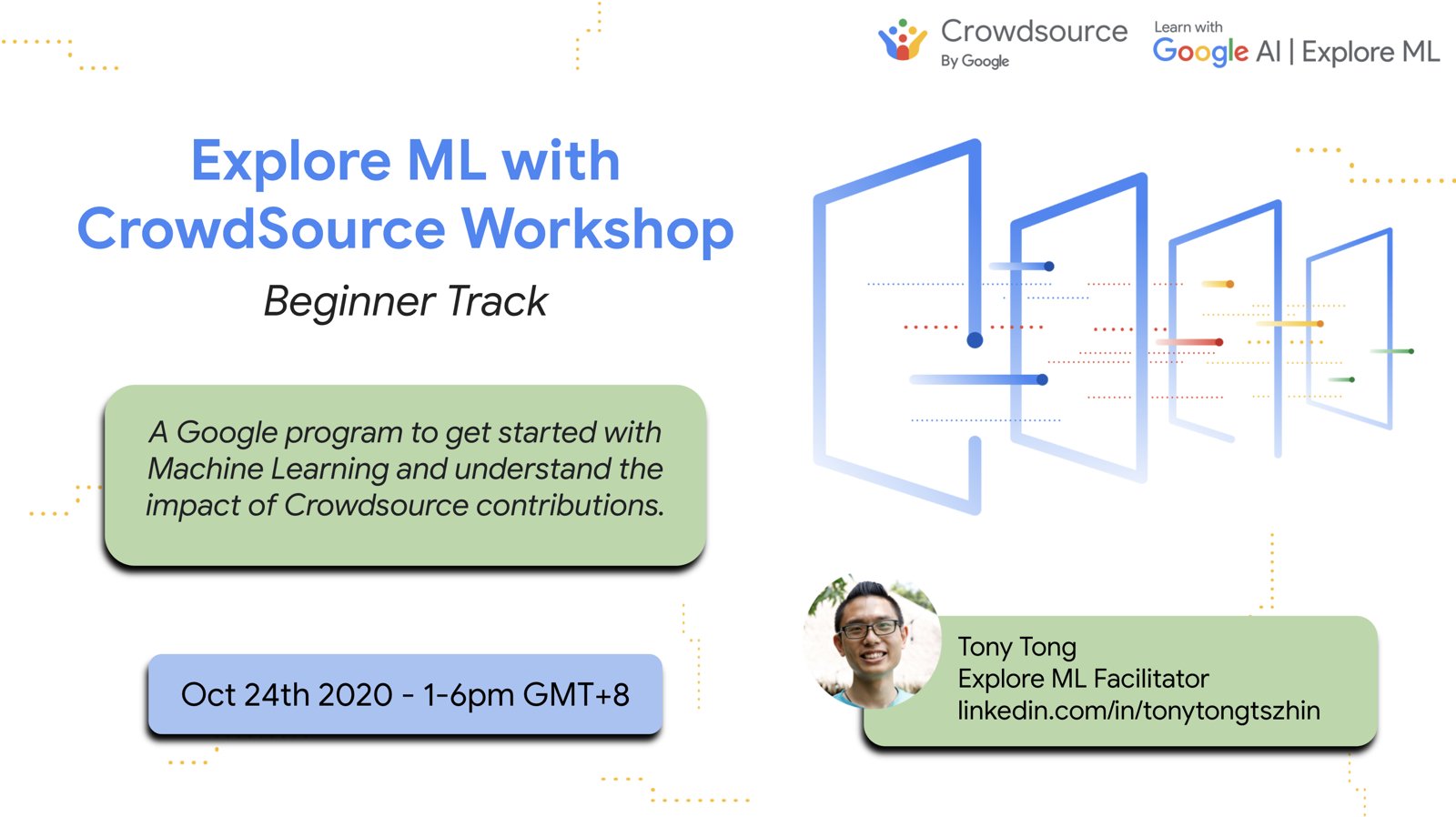 Poster for the Explore ML with Crowdsource beginner workshop, a Google program for getting started with machine learning.