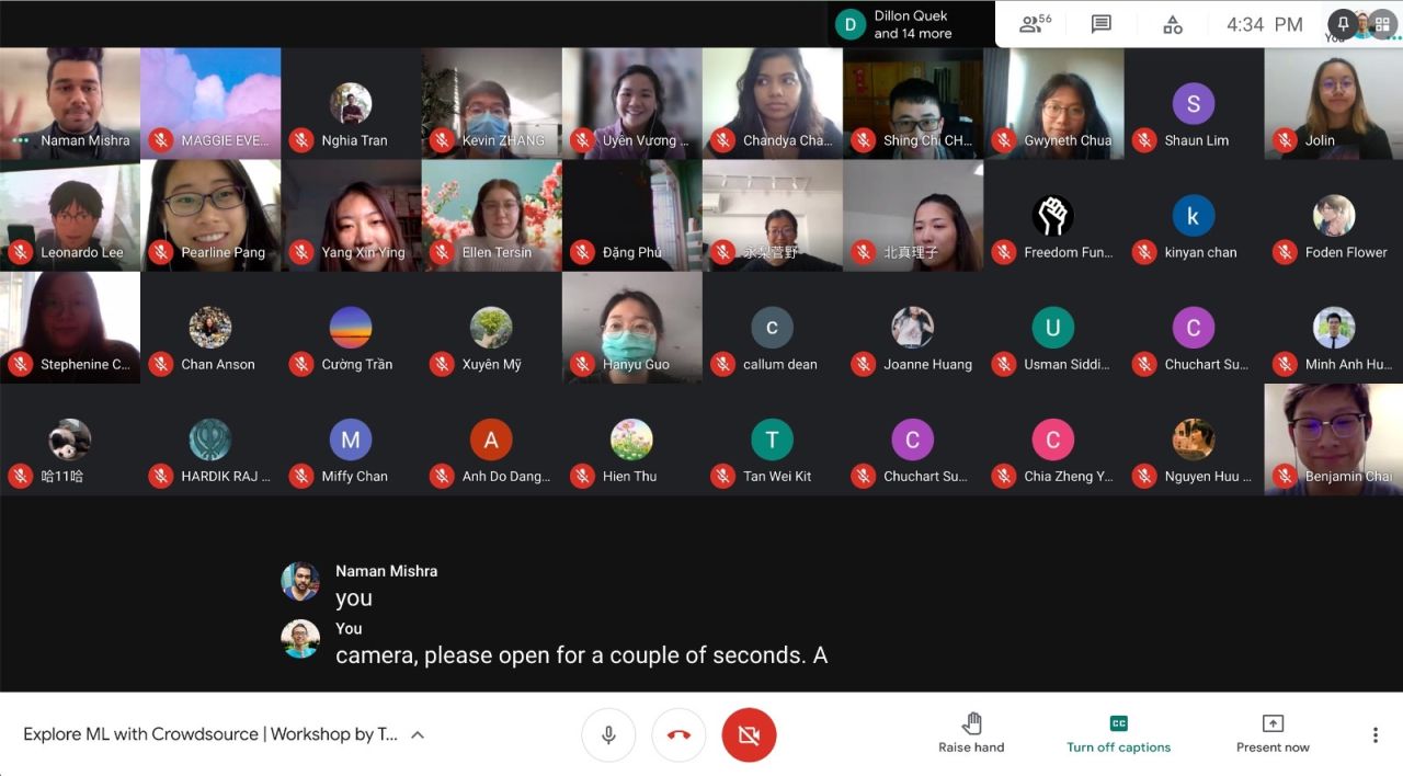 Google Meet grid from an Explore ML with Crowdsource workshop, with co-facilitator Naman Mishra and participants from several countries