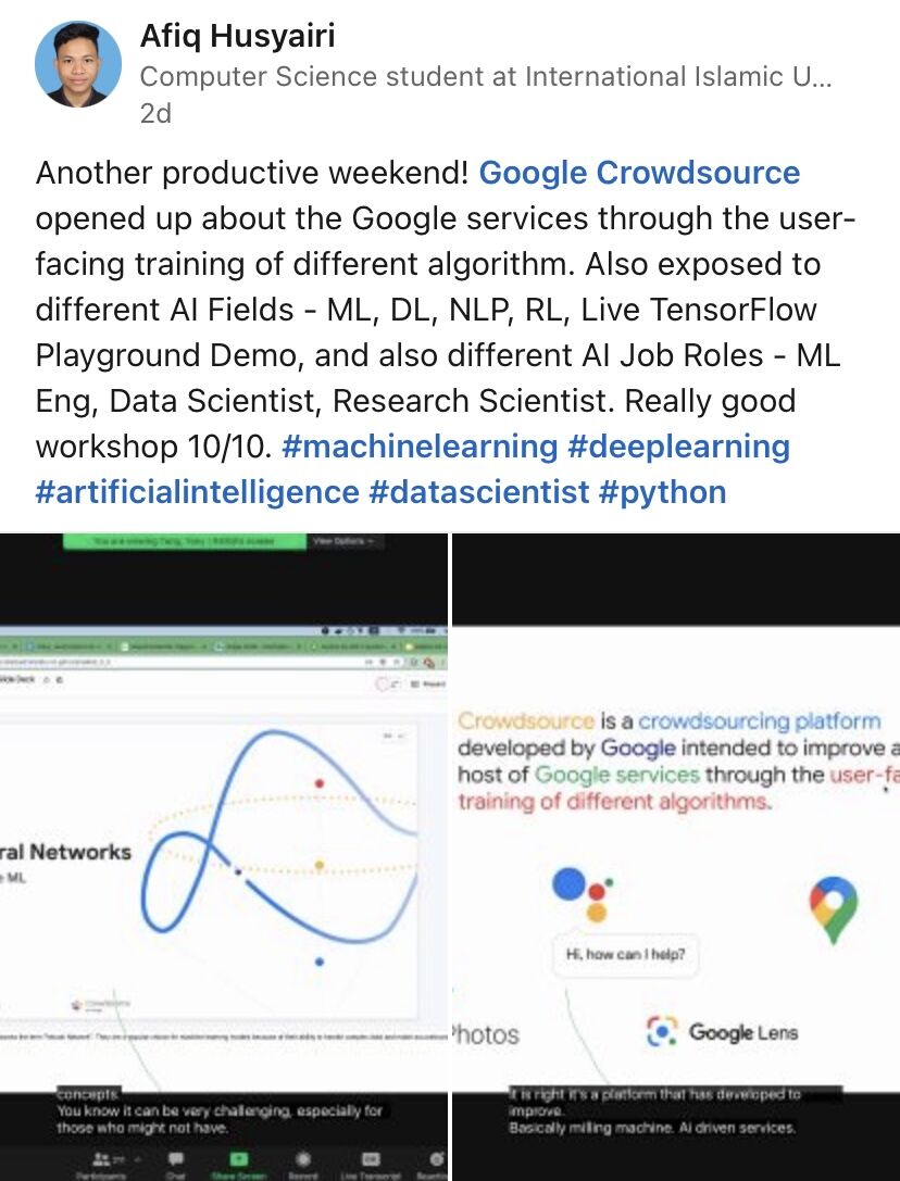 LinkedIn post by a computer science student describing the Explore ML with Crowdsource workshop and rating it 10 out of 10