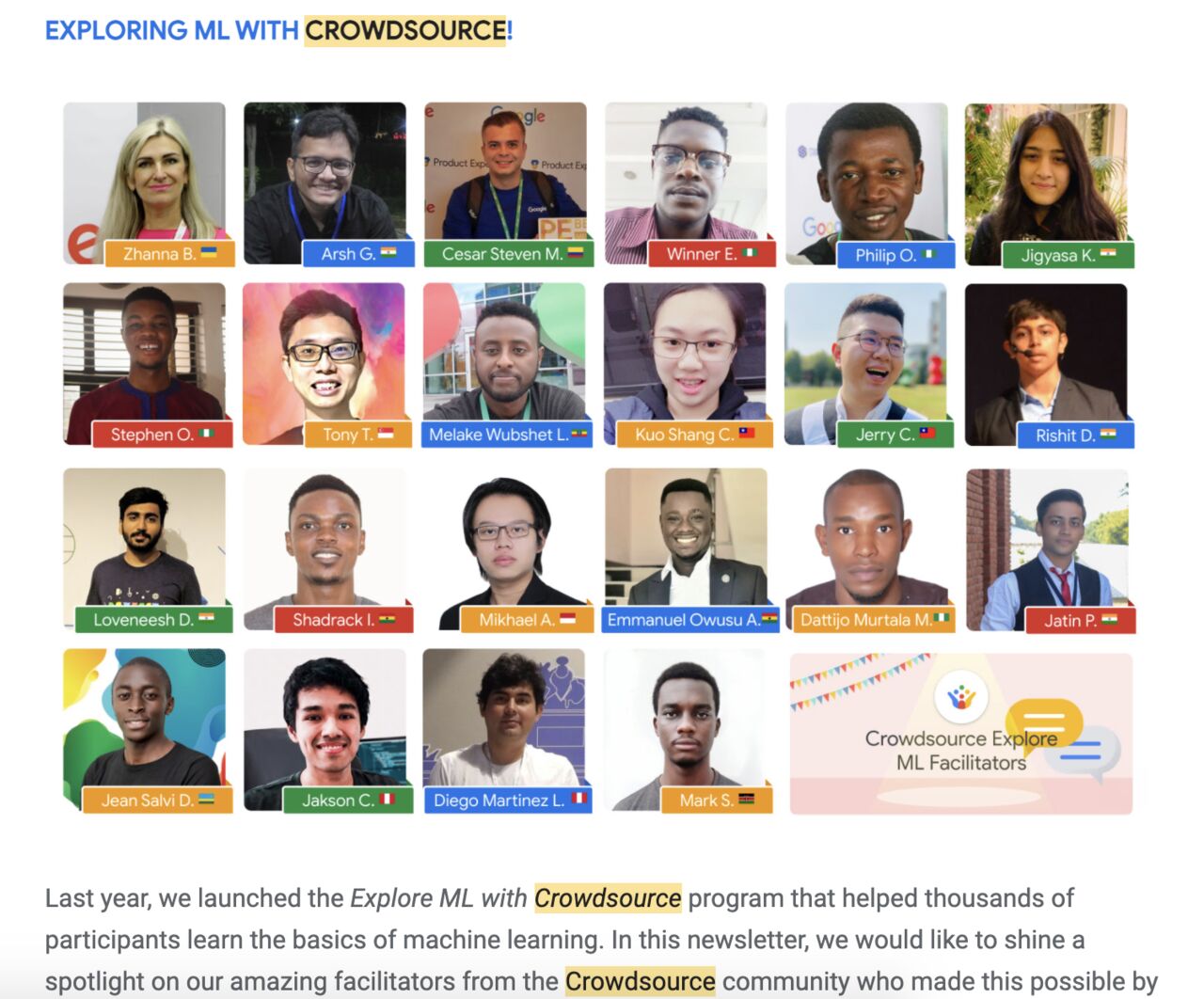 Google Crowdsource quarterly newsletter spotlighting the Explore ML with Crowdsource facilitators, with Tony among 23 facilitator portraits