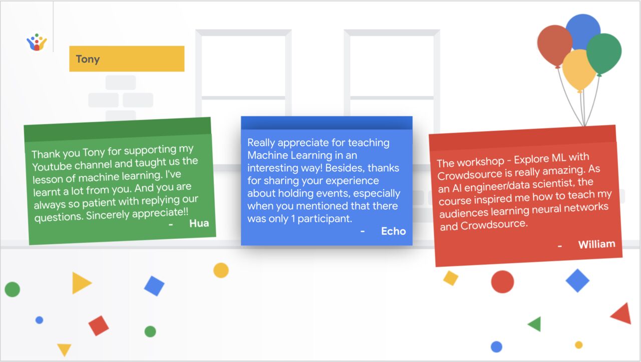 Google Crowdsource gratitude wall with three thank-you notes to Tony from workshop participants Hua, Echo and William