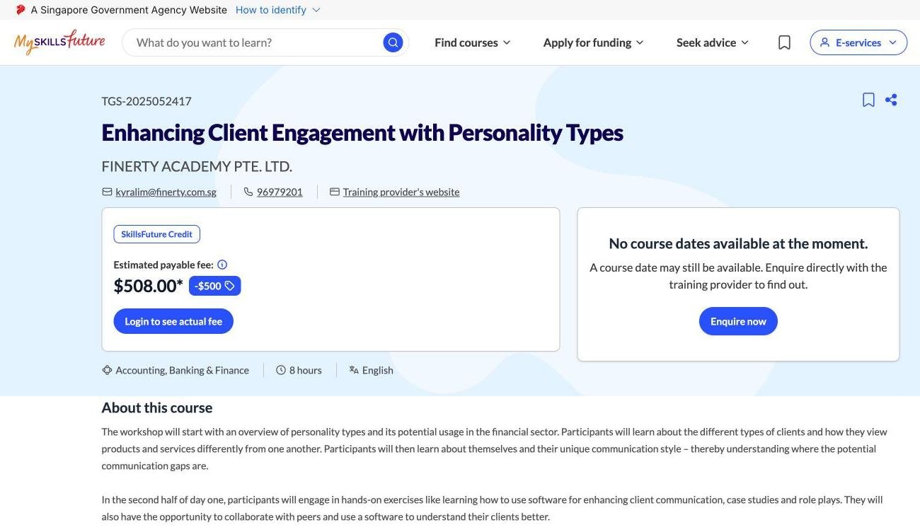 MySkillsFuture listing for the course Enhancing Client Engagement with Personality Types, course reference TGS-2025052417