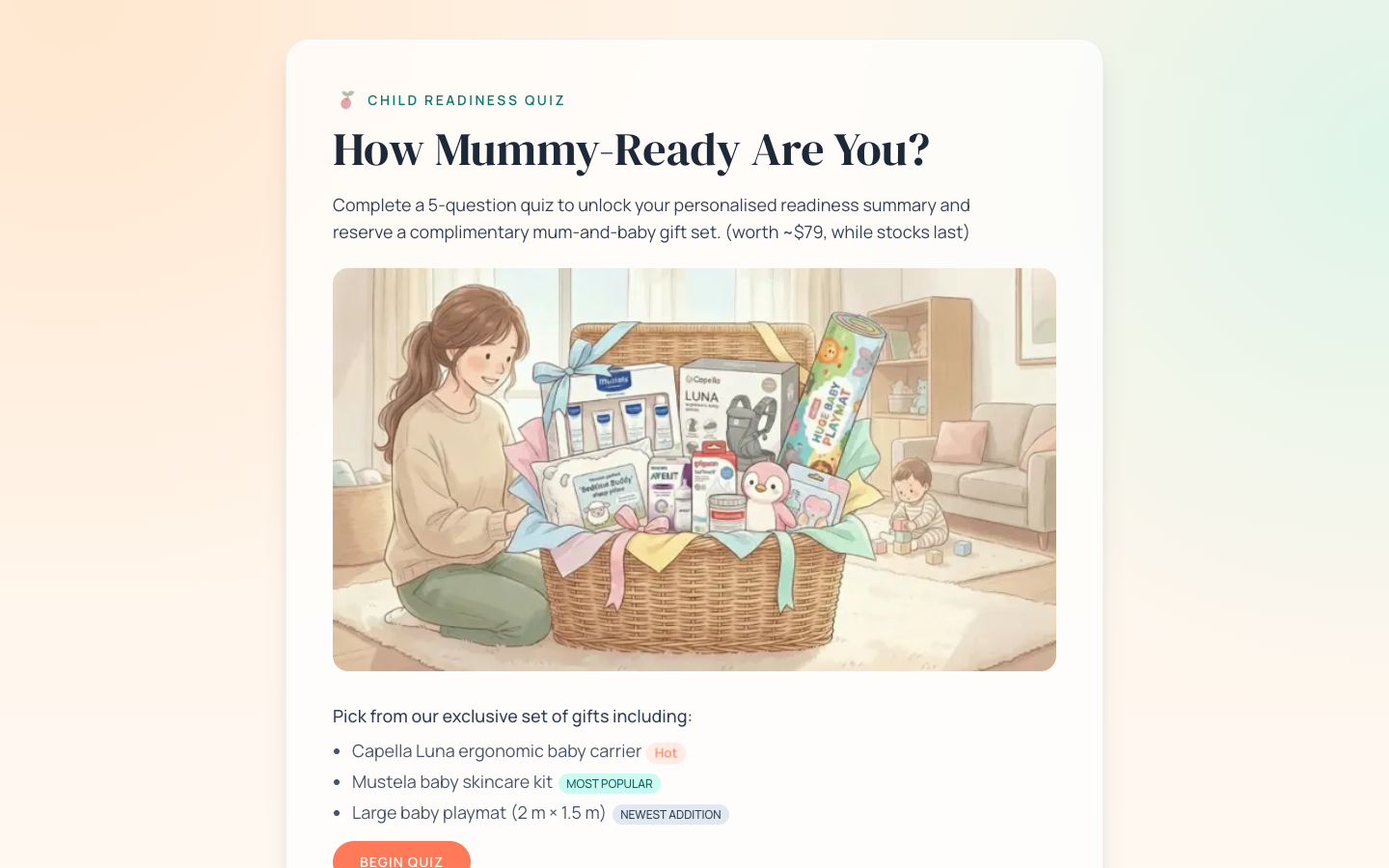 The MummyReady child-readiness quiz, the first screen of the referral funnel.